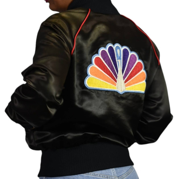 Vintage Jackets & Blazers - Vintage Satin Bomber Black Peacock NBC Rainbow Embroidery Patch Jacket Small